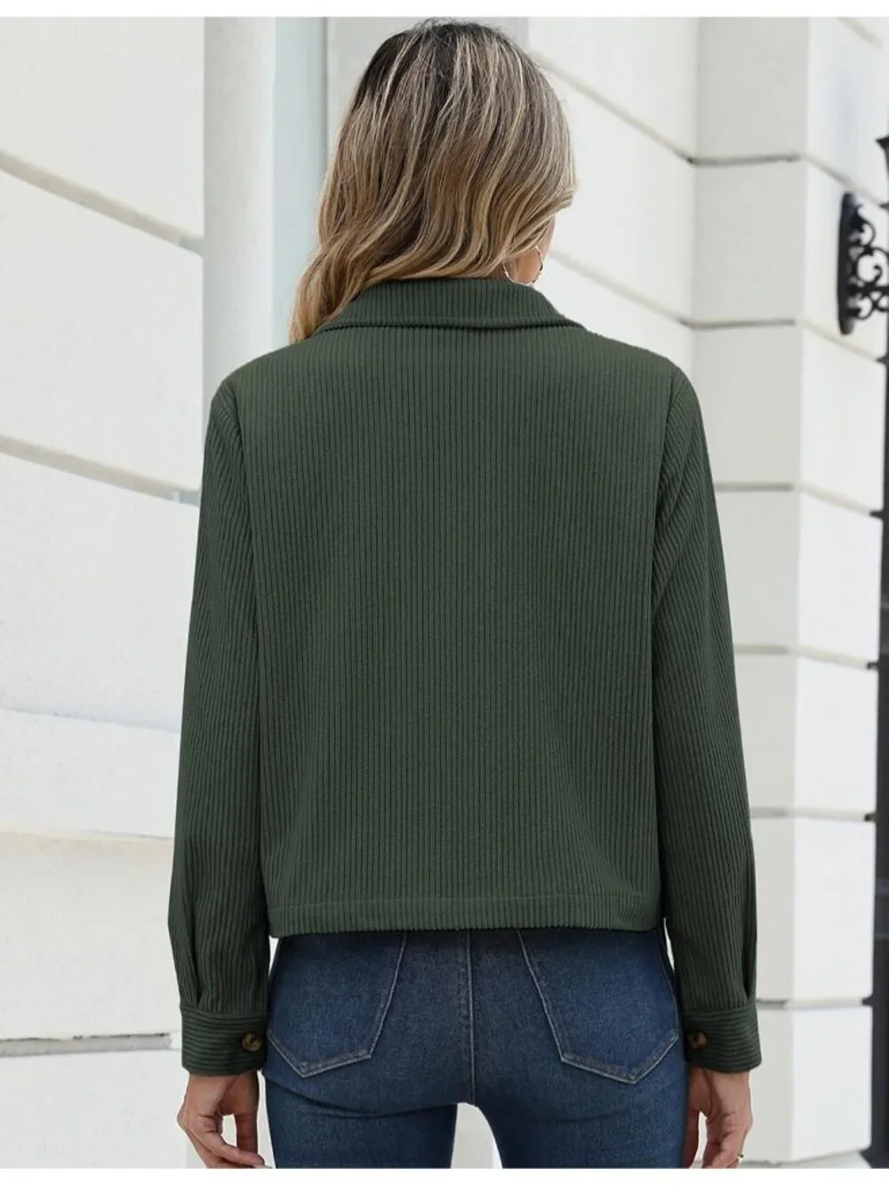 Women's Green Fashion Cropped Corduroy Button Down Long Sleeve Trendy Jacket